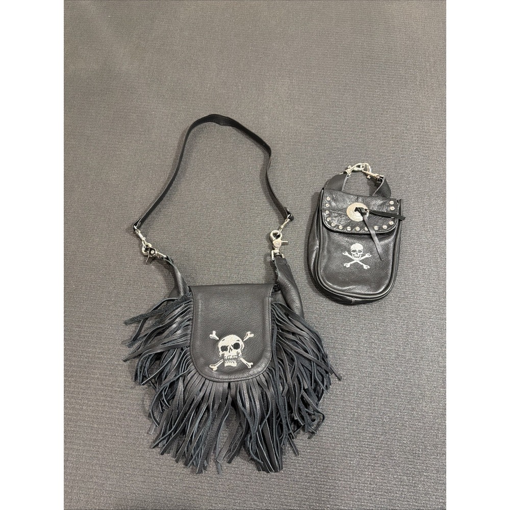 Rare Vintage Leather Fringe‎ Waist & Hip Bag Purse Black Skull & Bone